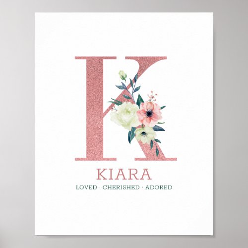 Monogram Letter K Pink Watercolor Floral Nursery Poster