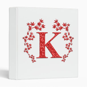 Monogram Letter K Red Leaves 3 Ring Binder