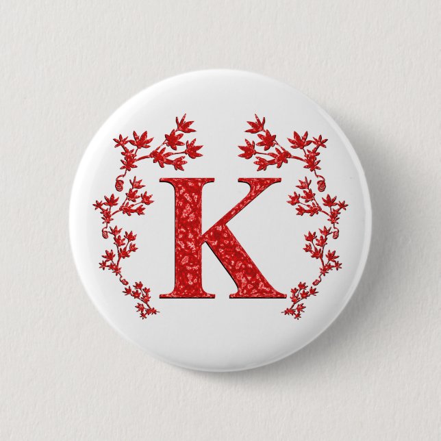 Monogram Letter K Red Leaves Pinback Button (Front)