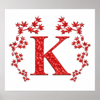 Monogram Letter K Red Leaves Poster