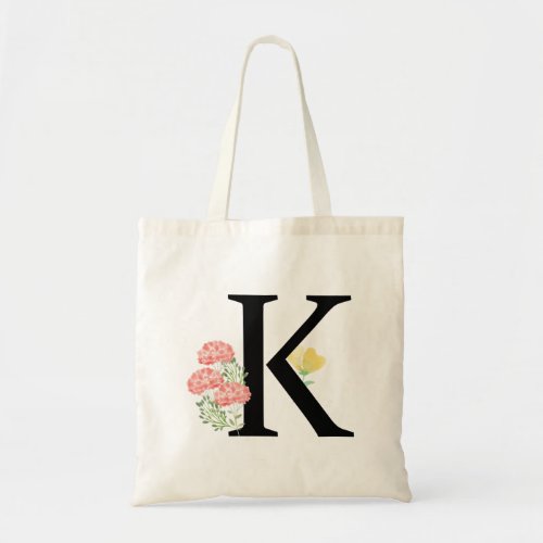 Monogram Letter K Watercolor Rose Floral Spray Tote Bag