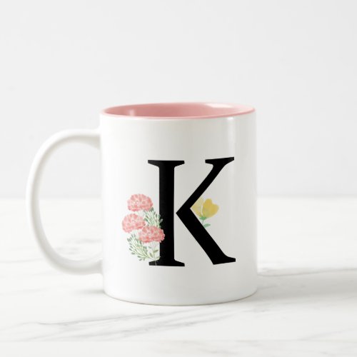 Monogram Letter K Watercolor Rose Floral Spray Two_Tone Coffee Mug