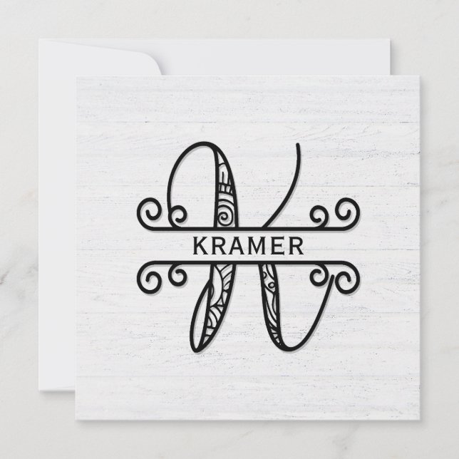 Monogram Letter K with Family Name  Note Card (Front)