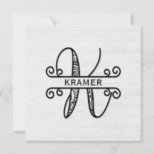 Monogram Letter K with Family Name Note Card