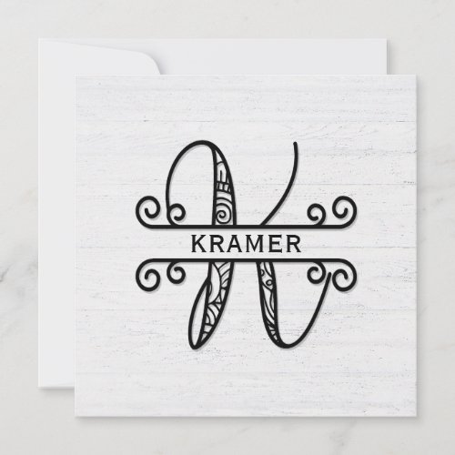 Monogram Letter K with Family Name  Note Card