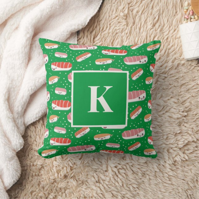 Monogram Letter Kawaii Sushi Pattern Japanese Food Throw Pillow (Blanket)