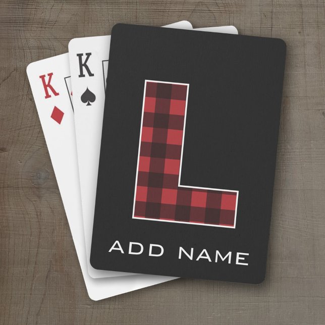 Monogram Letter L - Black and Red Buffalo Plaid Poker Cards (Personalized Playing Cards - Huge Monogram)