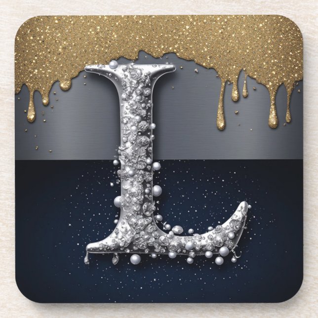 Monogram Letter L Gold Dripping Silver Luxury  Beverage Coaster (Front)