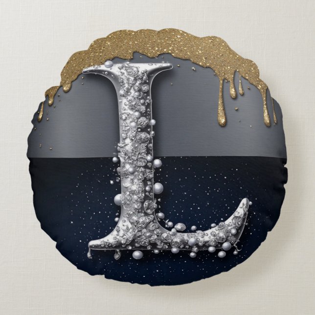 Monogram Letter L Gold Dripping Silver Luxury  Round Pillow (Front)