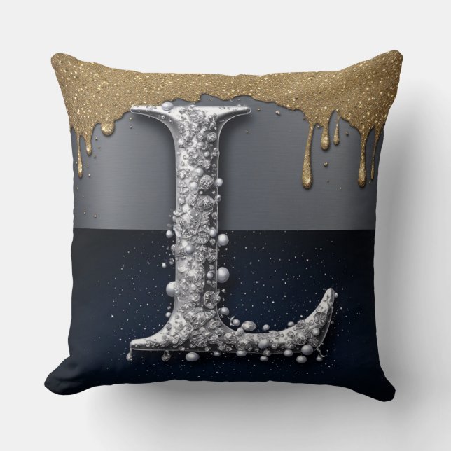 Monogram Letter L Gold Dripping Silver Luxury  Throw Pillow (Front)
