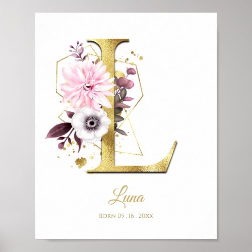 Monogram Letter L Gold Foil  Pink Floral Nursery Poster