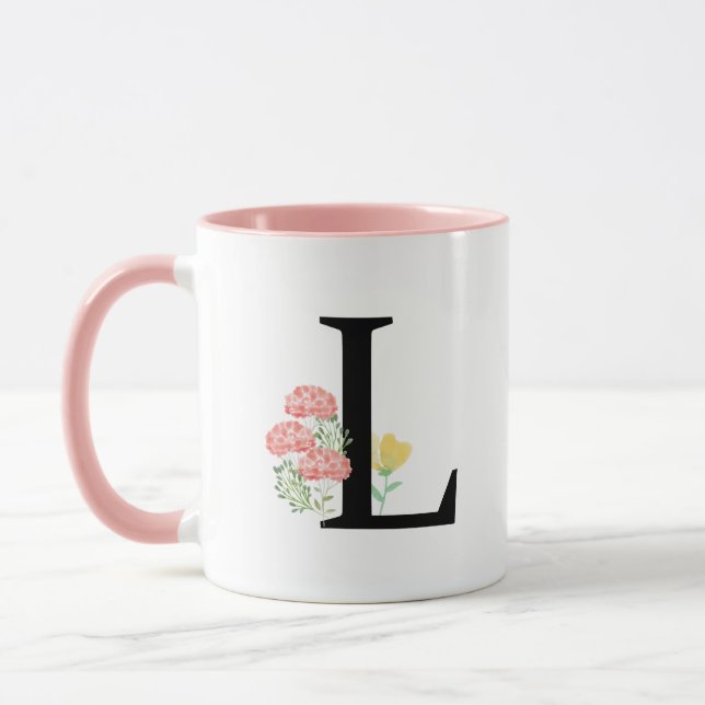 Monogram Letter L Watercolor Roses Floral Spray Mug (Left)