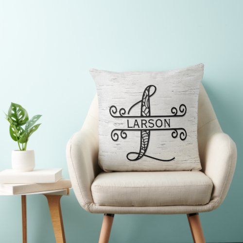 Monogram Letter L with Family Name  Throw Pillow