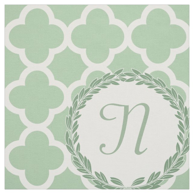 Monogram Letter Light Sage Green Wreath Quatrefoil Fabric (Swatch)