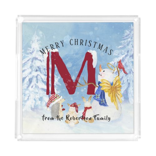 Monogram Letter M Angel Snowman Christmas Acrylic Tray