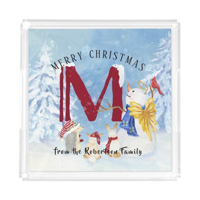 Monogram Letter M Angel Snowman Christmas Acrylic Tray (Front)