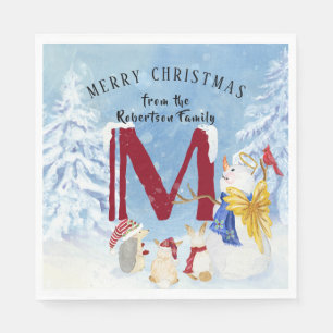 Monogram Letter M Angel Snowman Christmas Napkins
