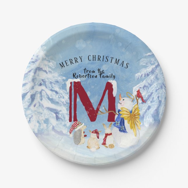 Monogram Letter M Angel Snowman Christmas Paper Plates (Front)