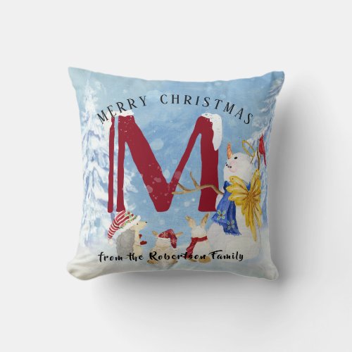 Monogram Letter M Angel Snowman Christmas Throw Pillow