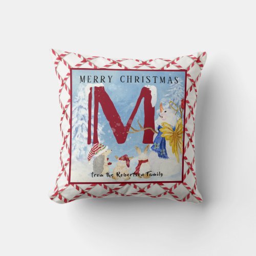 Monogram Letter M Angel Snowman Christmas Throw Pillow