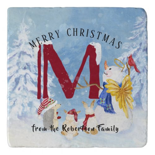 Monogram Letter M Angel Snowman Christmas Trivet