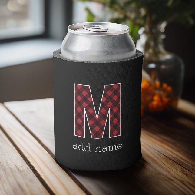 Monogram Letter M - Black and Red Buffalo Plaid Can Cooler (Celebrate with a personalized can cooler - add your name or monogram. Great party favor or gift)