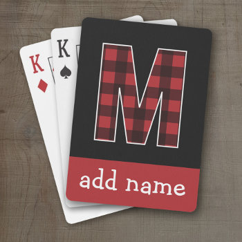 Monogram Letter M - Black And Red Buffalo Plaid Playing Cards by MyGiftShop at Zazzle