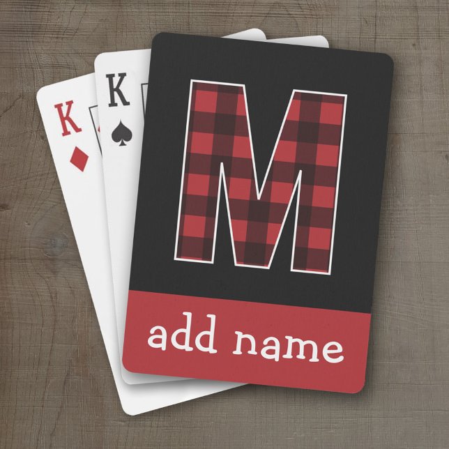 Monogram Letter M - Black and Red Buffalo Plaid Poker Cards (Personalized Playing Cards - Large Monogram)