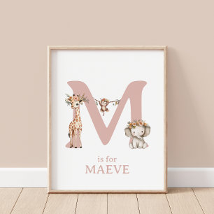 Monogram Letter M Boho Jungle Animal Nursery Wall Poster