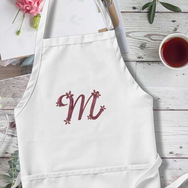Monogram Letter M Elegant Rose Gold Floral Initial Adult Apron (A pretty letter M apron that's perfect for your Mom. Makes a great Mother's Day or birthday gift)