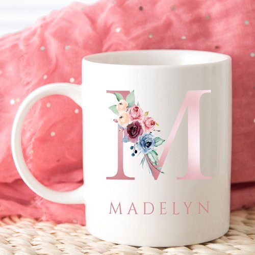 Monogram Letter M Floral Watercolor Coffee Mug