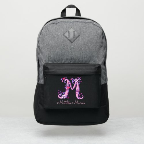 Monogram letter M hearts flower custom name Port Authority Backpack