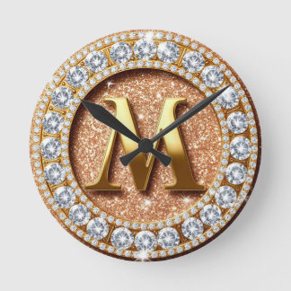 Monogram Letter M on Rose Gold Glitter Background Round Clock