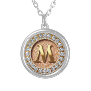 Monogram Letter M on Rose Gold Glitter Background Silver Plated Necklace