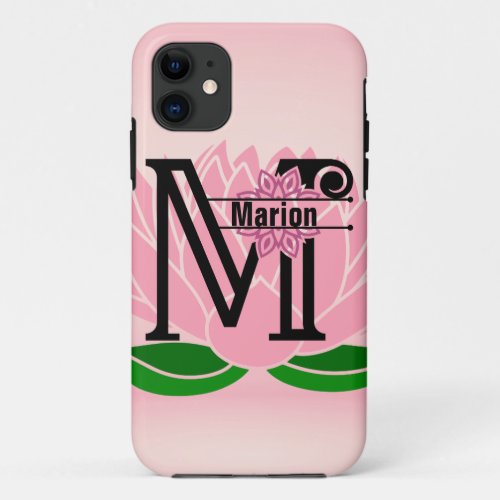 Monogram Letter M Pink Lotus Add Custom Name iPhone 11 Case