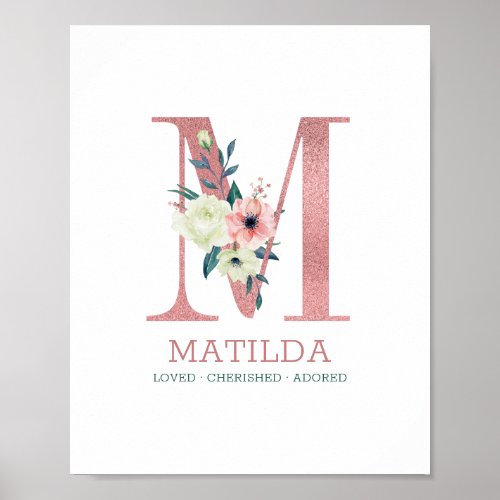 Monogram Letter M Pink Watercolor Floral Nursery Poster