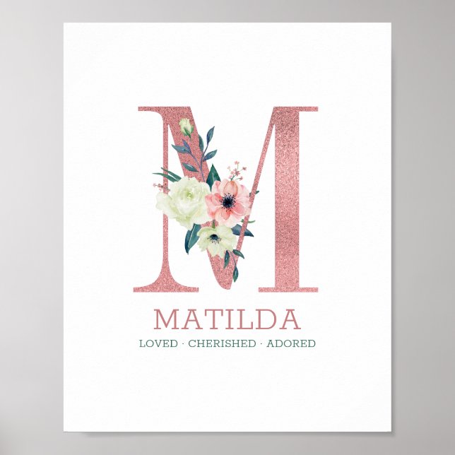 Monogram Letter M Pink Watercolor Floral Nursery Poster (Front)