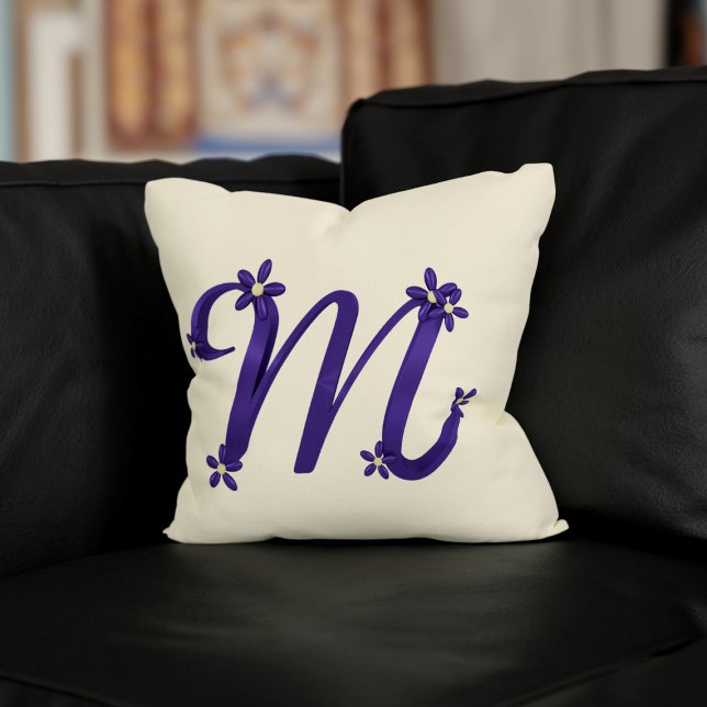 Monogram Letter M Purple with Floral Details Cream Throw Pillow (Perfect pillow for your mom as it already has her initial on it. A pretty purple M on cream)