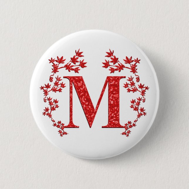 Monogram Letter M Red Leaves Pinback Button (Front)