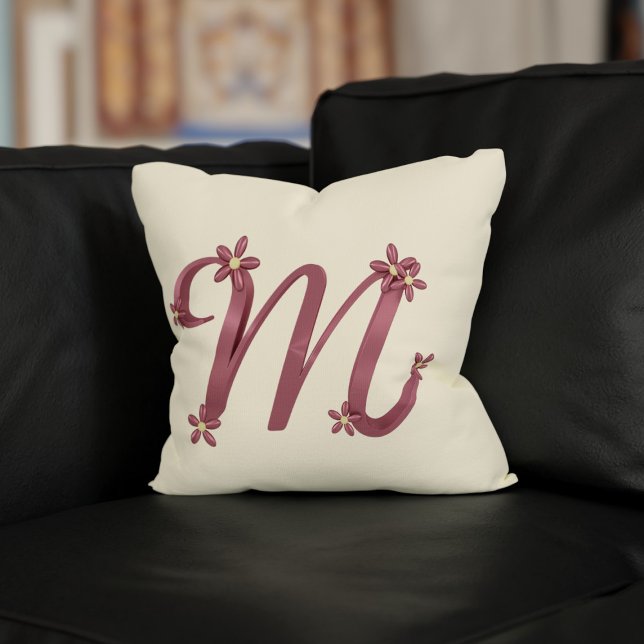 Monogram Letter M Rose Gold Floral Details Cream Throw Pillow (A pretty rose gold letter M pillow with delicate flowers which makes a lovely gift for your mom)