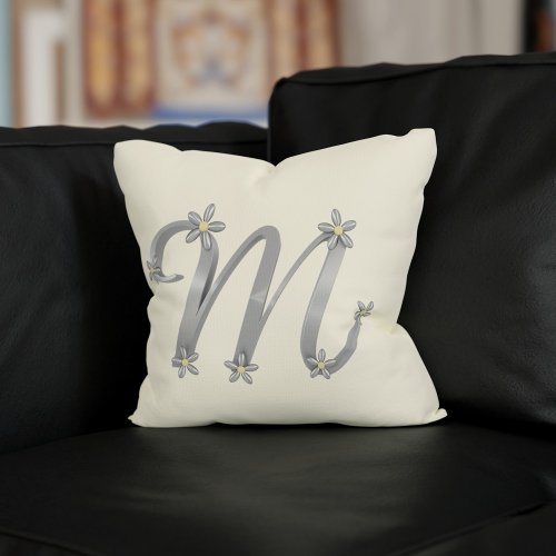 Monogram Letter M Silver Floral Details Cream Throw Pillow