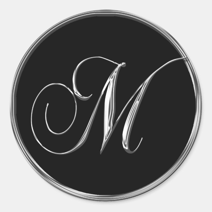 Monogram Letter M Sliver On Black Wedding Seal Round Stickers