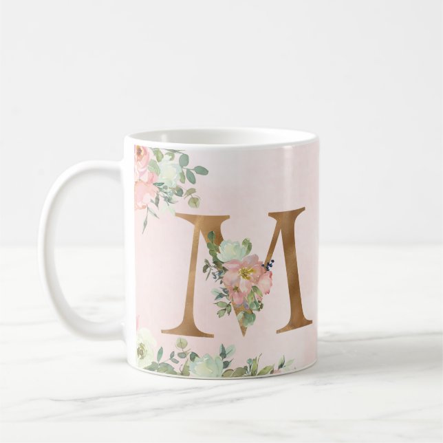 Monogram Letter M Watercolor Floral Coffee Mug (Left)