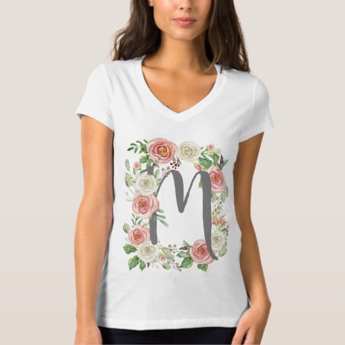 Monogram Letter M Watercolor Rose Floral Foliage T_Shirt