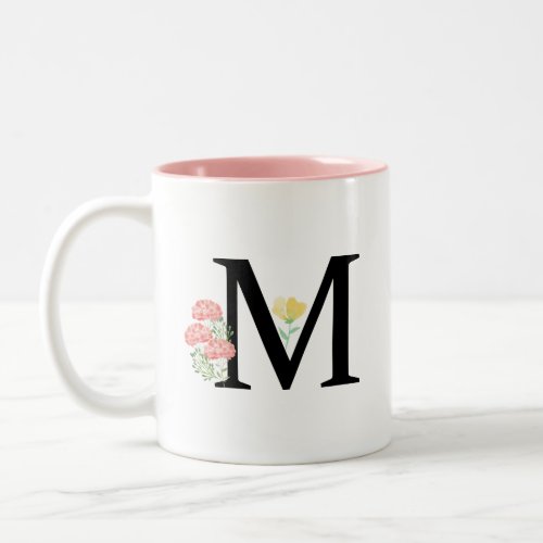 Monogram Letter M Watercolor Roses Floral Spray Two_Tone Coffee Mug
