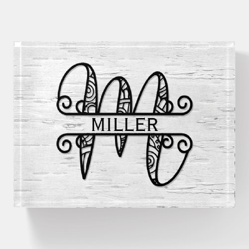 Monogram Letter M with Family Name  Paperweight