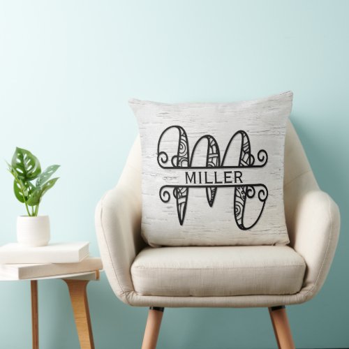 Monogram Letter M with Family Name Throw Pillow