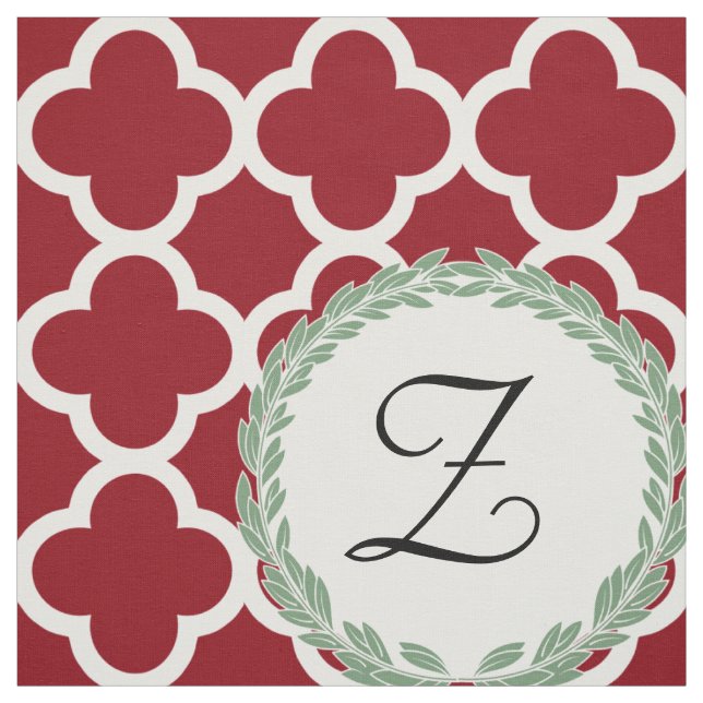 Monogram Letter Maroon Wine Sage Green Quatrefoil Fabric (Swatch)