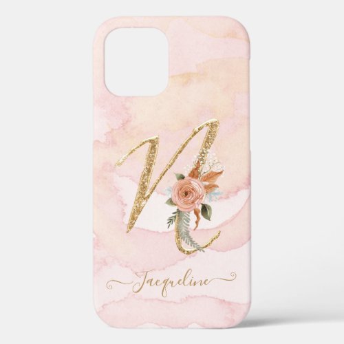 Monogram Letter N Floral Script Gold Watercolor iPhone 12 Case