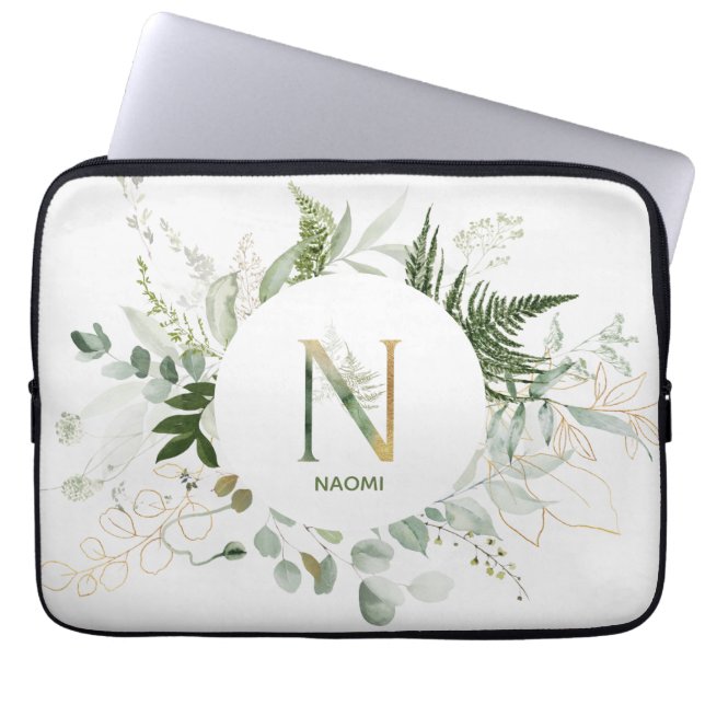 Monogram Letter N Foliage Wreath Laptop Sleeve (Front)